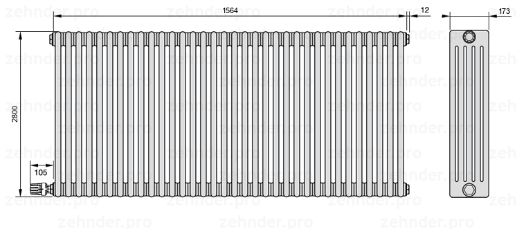 Схема (чертеж) Радиатор Zehnder Charleston 5280/34 №V004 Белый глянцевый RAL 9016
